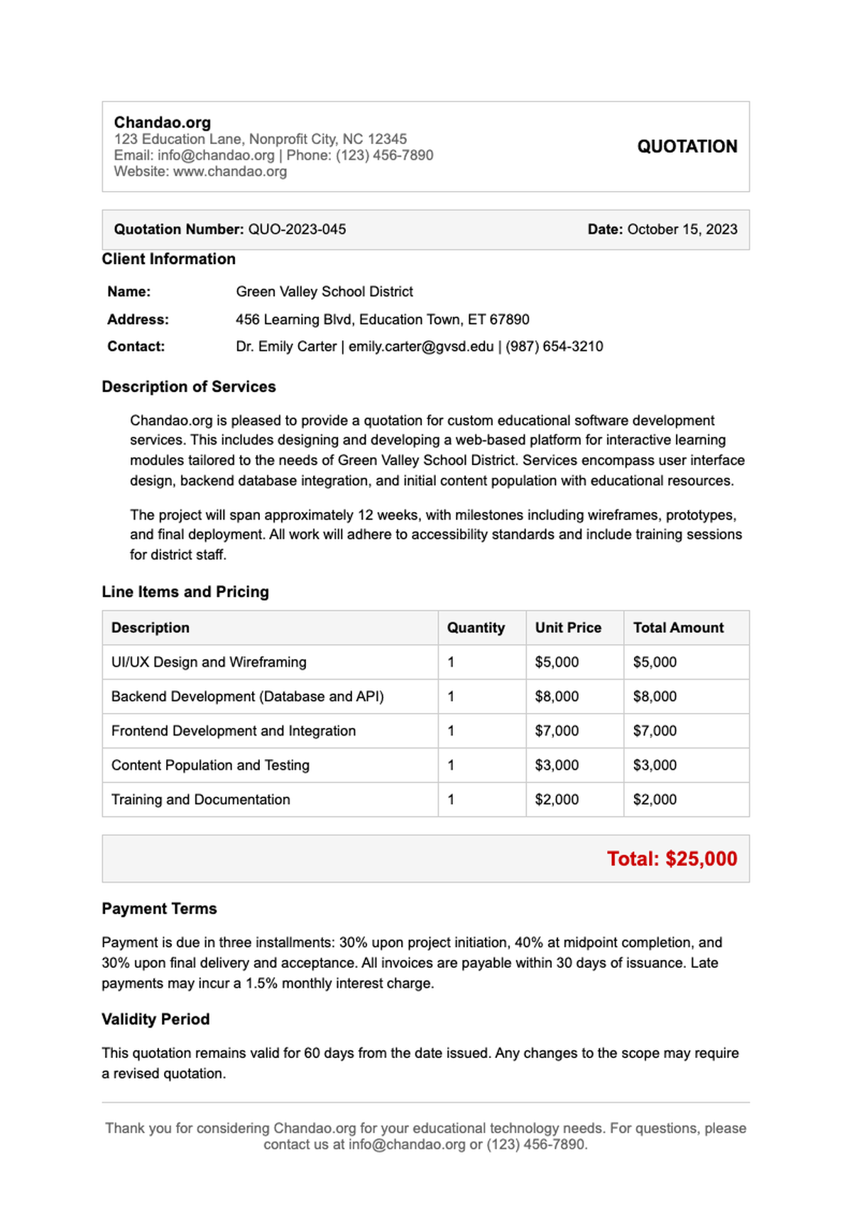 Professional quotation for Excel School Online Training per student with payment instructions and_variant_3